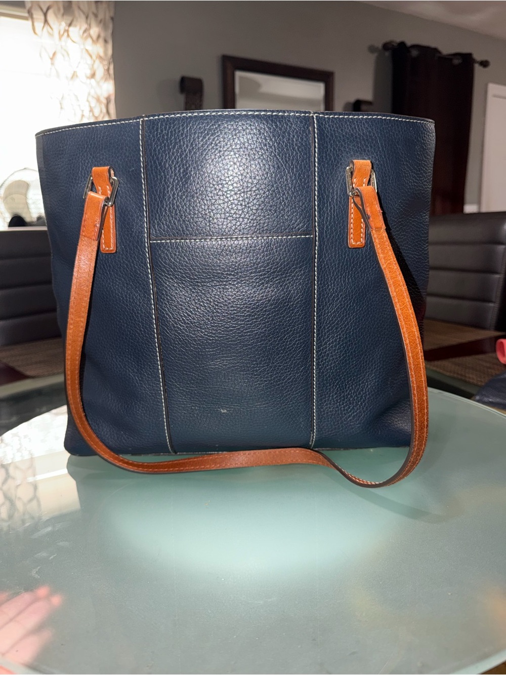 Dooney & Bourke Navy Pebbled Leather Tote with Brown Straps - Picture 3 of 9
